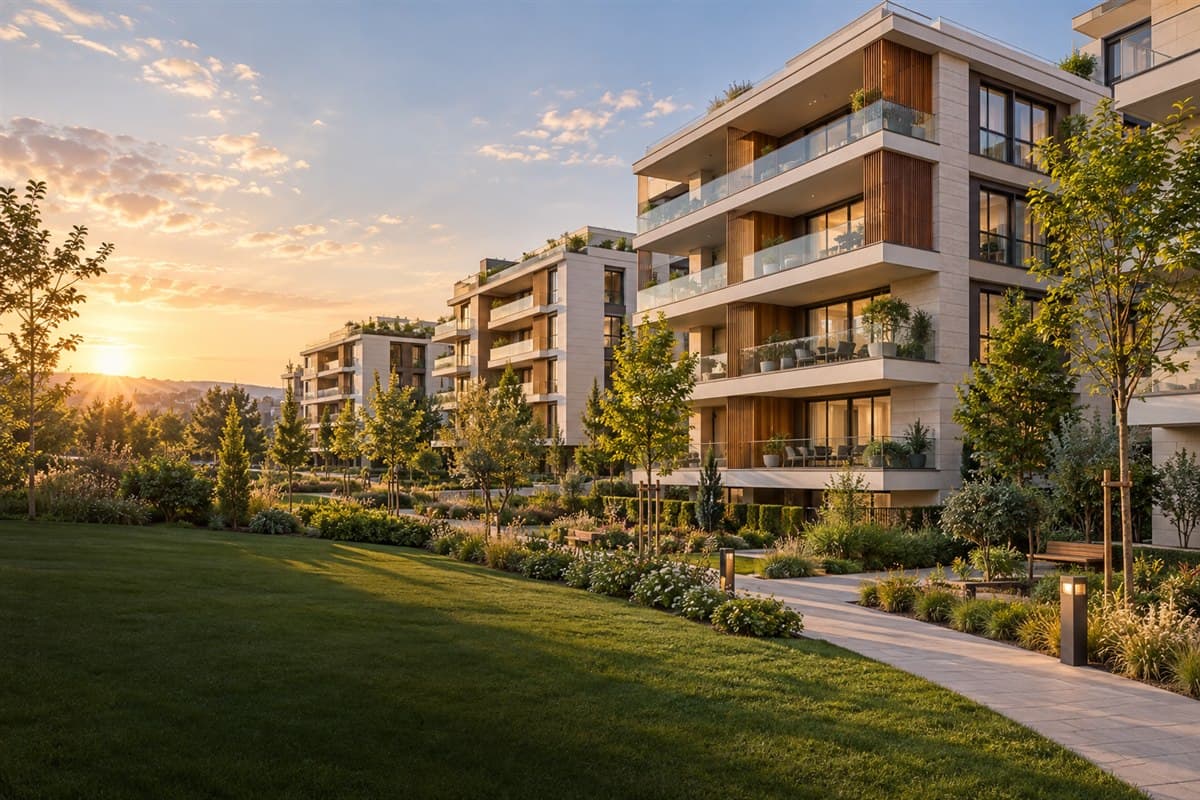 Peyzajlı bahçe içinde yeni nesil modern konut projesi