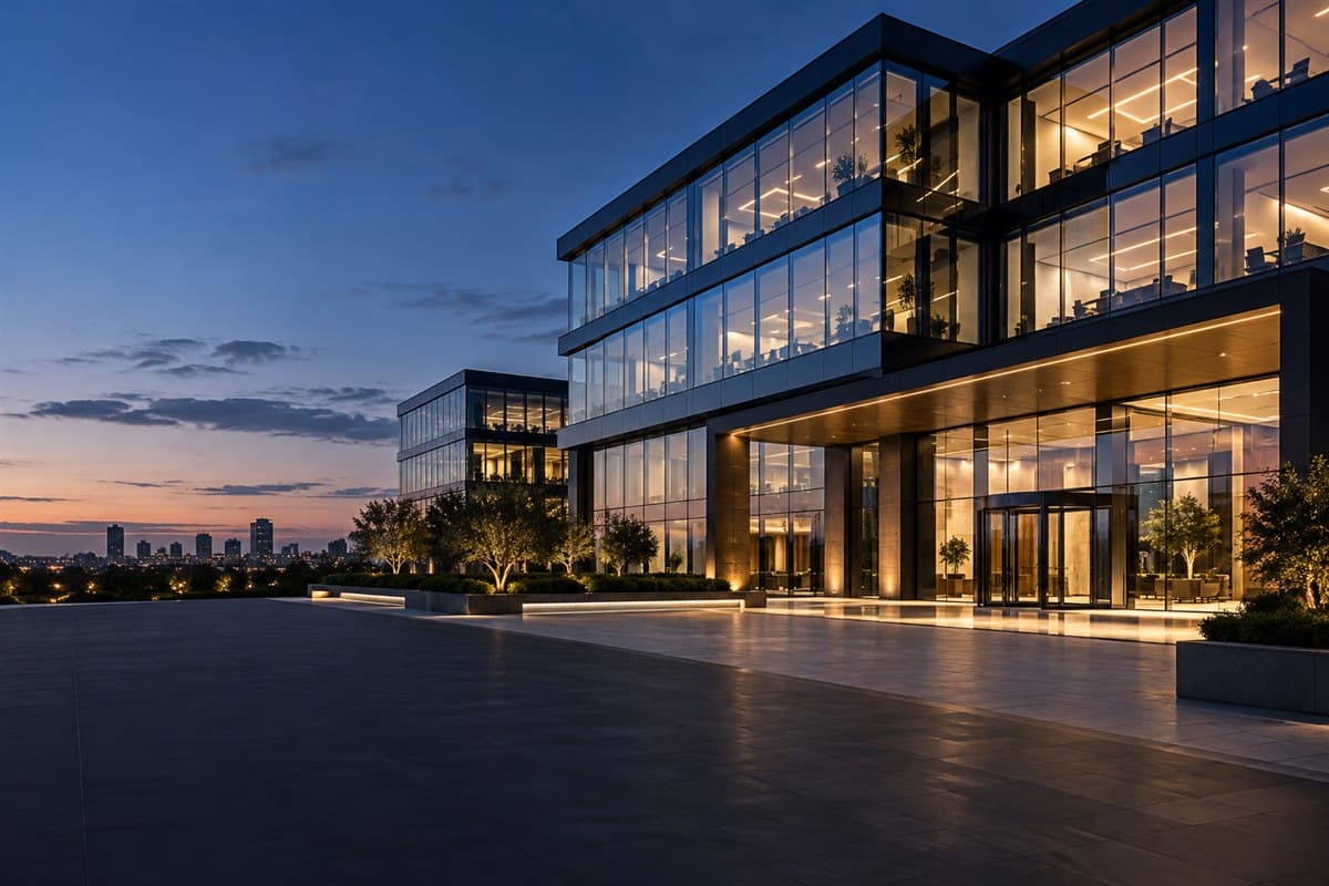 Akşam ışıklarında modern ofis ve iş merkezi projesi